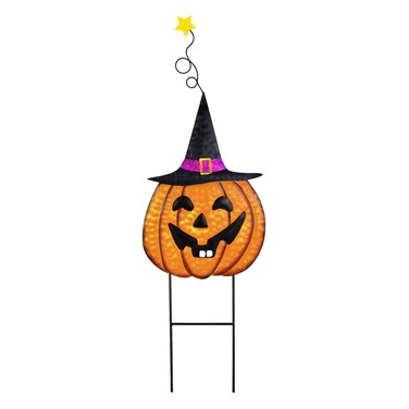 Metal Pumpkin Halloween Garden Stake, Jack-o-Lantern Pumpkin Yard Stake Lawn Decor, Yard Signs Stake with Spooky Face Witch Hat Outdoor Thanksgiving Harvest Home Lawn Pathway Driveway Decorations