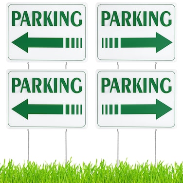 4 Pcs Event Parking Sign with Stake, with Directional Arrows 12 x 16 Inch Double Sided Corrugated Plastic Guest Parking Sign Durable Parking Sign for Outdoor Yard (Green)
