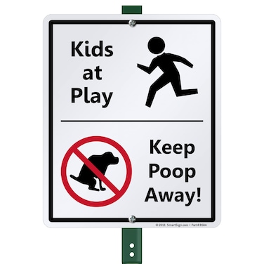 SmartSign 12 x 10 inch &ldquo;Kids At Play - Keep Poop Away&rdquo; Yard Sign with 3 foot Stake, 40 mil Laminated Rustproof Aluminum, Red, Black and White, Set of 1, Made in USA