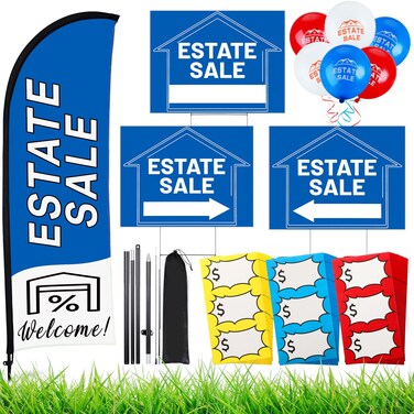 Buryeah Estate Sale Signs Set, 1 Pack Estate Sale Flag with Pole Kit, 3 Pack Double Sided Estate Sale Arrows Signs with Metal H Stakes, 30 Pcs Estate Sale Balloons, and 150 Pcs Price Stickers(Blue)