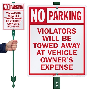 SmartSign 12 x 10 inch &ldquo;No Parking - Violators Towed Away At Vehicle Owner's Expense&rdquo; Yard Sign with 3 foot Stake, 40 mil Aluminum, 3M Laminated Engineer Grade Reflective, Red and White, Set of 1