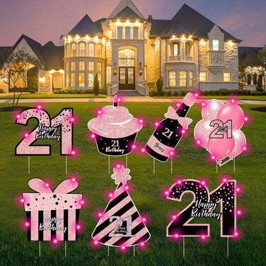 ComboJoy 21st Birthday Decorations for Her - 7 Pcs Black &amp; Pink 21st Birthday Yard Signs with Stakes, 2 Pcs LED Lights, Sparkling at Night, Weatherproof, Perfect Outdoor Lawn Birthday Decorations