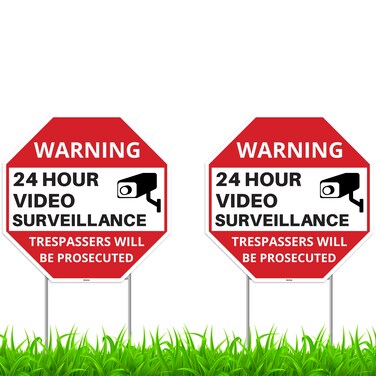2PC 24 Hour Video Surveillance Sign with Stakes, 12"x12" - Corrugated Plastic - Warning Security Camera Alert Sign for Home Outdoor Yard - No Trespassing Private Property