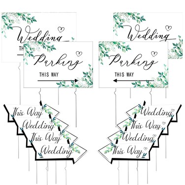Wenqik 10 Pcs Wedding This Way Directional Parking Signs Include 4 Square and 6 Arrow Shaped Wedding Parking Sign Road Signs with Stakes, Large Double Sided Wedding Directional Sign (Green Leaves)
