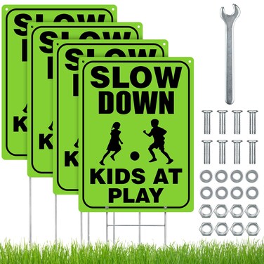 Zonon 4 Sets Slow Down Children at Play Safety Signs for Street with Metal Wire H Stakes Wrench Screws Reflective Waterproof Caution Kids at Play Slow Down Signs for Neighborhoods(Green)