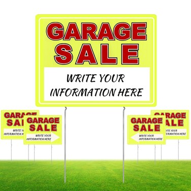 Garage Sale Signs, 17" x 13" Garage Sale Signs with Stakes, 5Pcs Double-Sided Garage Sale Sign with Directional Arrow, Weatherproof Garage Sale Signs with Metal Stakes