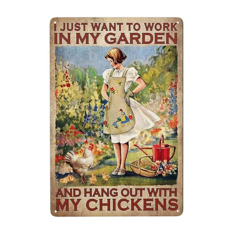Bugana I Just Want to Work in My Garden and Hang Out with My Chickens Metal Signs, Vintage Chicken Coop Decor Tin Sign, Personalized Funny Poster for Farmhouse Wall Art Gift 8 x 12 Inch