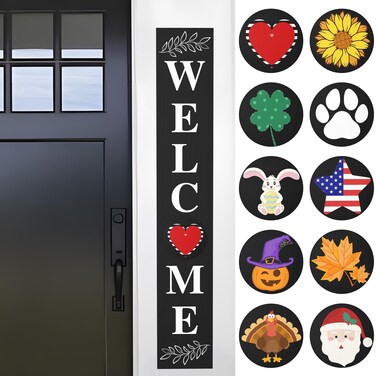 UBTKEY Welcome Sign for Front Porch Standing, Valentine's Day Wood Sign with 10 Interchangeable Holiday Icons for Fall Halloween Decor, 47" x 7.9", Black