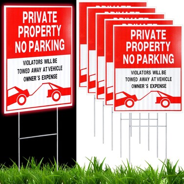 Zonon Reflective No Parking Yard Signs with H Metal Stake 15 x 12 Inches Double Sided Private Property Violators Will Be Towed Warning Weather Resistant Durable Ink Rust Proof(6 Pcs)