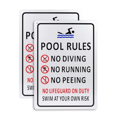 Kichwit 2 Pack Pool Rules Sign, Silver, No Diving No Running No Peeing No Lifeguard on Duty Sign, Aluminum, Weather Resistant, 9.4 x 13.4 Inches