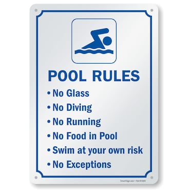 SmartSign &ldquo;Pool Rules - No Glass, No Diving, No Running&rdquo;   10 x 14 inch Metal Sign, 40 mil Laminated Rustproof Aluminum, Blue and White, Made in USA