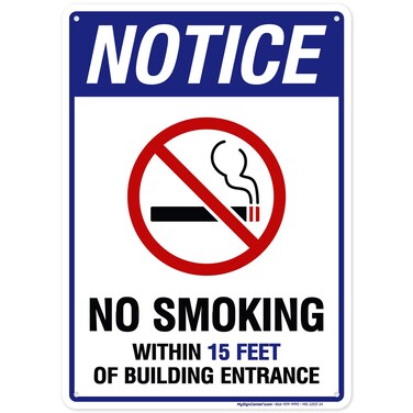 No Smoking Within 15 Feet of Building Entrance Sign, 10x14 Inches, Rust Free .040 Aluminum, Fade Resistant, Made in USA by My Sign Center