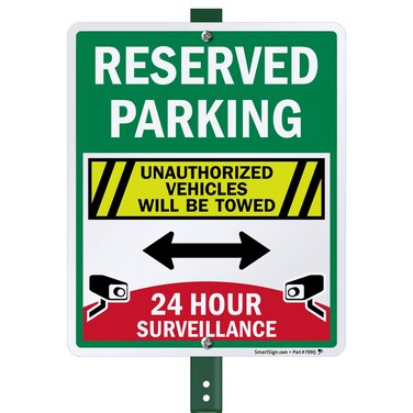 SmartSign 12" x 10" 'Reserved Parking Unauthorized Vehicles Towed, 24 Hour Surveillance' Yard Sign with 3 ft Stake, 40 mil Aluminum 3M Laminated Engineer Grade Reflective, Set of 1, USA-Made