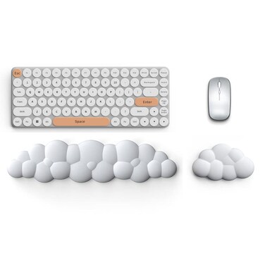 Lauspuck Cloud Keyboard Wrist Rest Pad Set,Enlarge PU Leather Memory Foam Wrist Cushion Support,Easy Typing Pain Relief,Mouse Wrist Rest Pad,Non-Slip Wrist Support for Home, Office,White