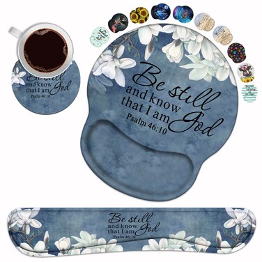 Keyboard Wrist Rest and Mouse Pad Wrist Support Set with Coasters, Christian Bible Verse Psalm 46:10 Wrist Mouse Pad with Non-Slip PU Base for Home Office Working Studying Easy Typing &amp; Pain Relief
