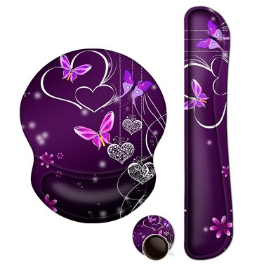 ArtSo Upgraded Wrist Rest Support for Mouse Pad &amp; Keyboard, Ergonomic Gel Mousepad Non-Slip Rubber Base Home,Office Pain Relief, Easy Typing Cushion Neoprene, Soft Memory Foam, Purple Heart Butterfly