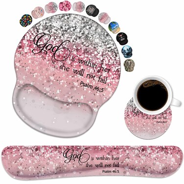 Keyboard Wrist Rest and Mouse Pad Wrist Support Set with Coasters, Non-Slip PU Base Ergonomic Gaming Mousepad for Home Office Working Studying Easy Typing &amp; Pain Relief, Quote Bible Verses Psalm 46:5