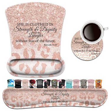 Keyboard Wrist Rest Pad and Ergonomic Mouse Pad Wrist Support Set Proverbs 31:25 Bible Verse Leopard Star Pattern for Gaming, Office, Comfortable and Pain Relief with Coaster Set