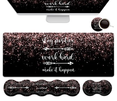 Large Gaming Mouse Pad Memory Foam Keyboard Wrist Rest,Extended Office Desk Mat,Office Desk Pad with Stitched Edges,Laptop Desk Table Protector Rose Gold Glitter Inspirational Quotes Black Writing Mat