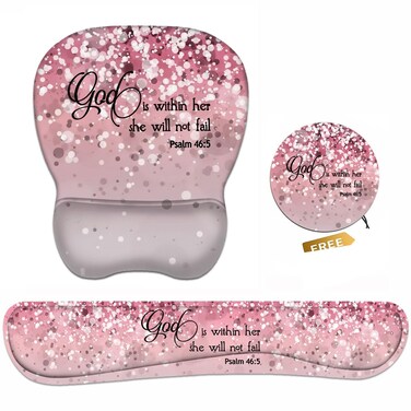 Ergonomic Mouse Pad Wrist Support and Keyboard Wrist Rest Set with Coasters, Non-Slip PU Base, Easy Typing &amp;amp; Pain Relief, Perfect for Home Office Working Studying, Quote Bible Verses Psalm 46:5