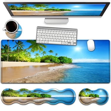 Office Desk Pad, Large Mouse Pad(31.5" x 11.8") Laptop Desk Table Protector Extended Writing Mat, Ergonomic Memory Foam Keyboard Wrist Rest Support,Tropical Palm Sea Beach View Gaming Mouse Pad Set