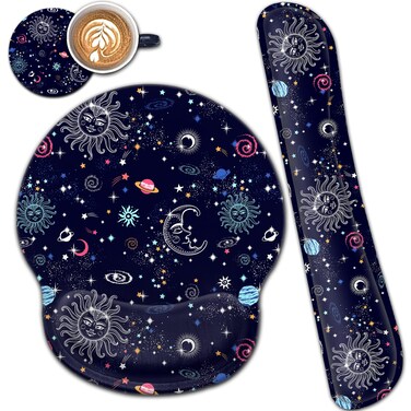 Ergonomic Mouse Pad Gel Wrist Support and Memory Foam Keyboard Wrist Rest Set, for Gaming Computer Office Laptop Easy Typing Wireless Mouse Mat,Galaxy Constellation Sun Moon Cosmic Office Desk Pad