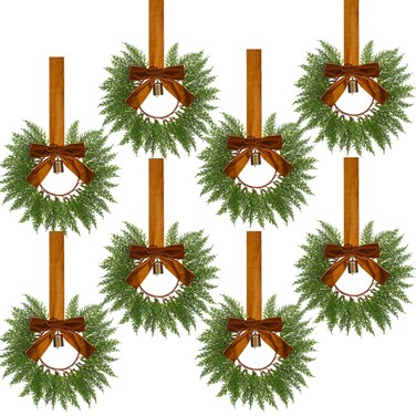 Dingion 8 Pcs 9.8" Small Christmas Cabinets Wreaths Mini Wreaths for Kitchen Window Chair Backs with Ribbon Bell Artificial Greenery Christmas Wreaths for Farmhouse Holiday Decoration(Brown)