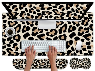 Pretty Mouse Pad and Wrist Rest Set, Extended Desk Mat (31.5" x 11.8") with Memory Foam Ergonomic Keyboard Pad, Large Gaming Mouse Pad Non-Slip Easy Typing for Home Office Decor, Leopard Cheetah Print