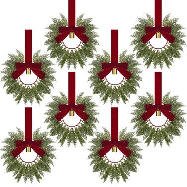8 Pcs 9.8" Small Christmas Cabinets Wreaths Mini Wreaths for Kitchen Window Chair Backs with Ribbon Bell Artificial Greenery Christmas Wreaths for Farmhouse Holiday Decoration(Deep Red)