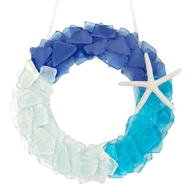 Sea Glass Wreath - Handmade 8.5 Inch Beach Wreath, Coastal Style Christmas Decor Wreaths for Home Decor, Door, Window, Kitchen Cabinet, Chair and Wall (Blue Gradient)