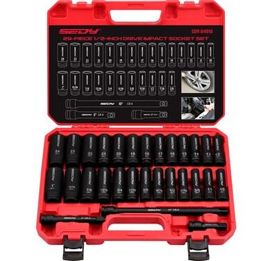 29-Piece 1/2" Drive SAE and Metric Impact Socket Set with Extension Bars - CR-V Material