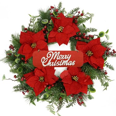 Christmas Wreath, Christmas Wreaths for Front Door,Artificial Christmas Wreath with Sparkling Leaves and red Poinsettias with Plump Pine and red Berries, Wreaths for Indoor Wall Window Decor.