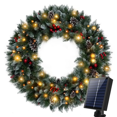 KPCB Tech Solar Wreath with 250 LED Lights, 48 inch Large Christmas Wreath with Solar Lights 8 Mode, Outdoor Lighted Christmas Wreath for Home Wall Decor Party Decorations