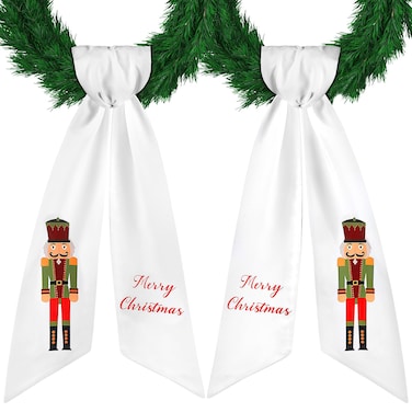 HunnmingRe 2 Pcs Christmas Wreath Sash for Front Door Xmas Wreath Satin Sash for Wreath Embroidery Monogram Wreath Sash Accessories Party Yard Doorway Indoor Outdoor Wall(White,Nutcracker)