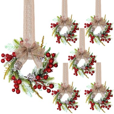 Zeyune 6 Set Christmas Wreaths Garland Kitchen Cabinet Wreath 9 Inch Mini Faux Windows Wreath with Burlap Ribbon Artificial Green Farmhouse Wreath for Front Door Porch Wall Decor(Big Berry)