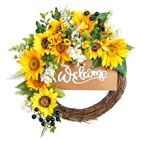 Summer Wreaths for Front Door Decor Wreath,15&ldquo; Sunflower Wreath for Front Door with Welcome Sign,Sunflower Daisy Yellow Spring Summer Wreath for Door Wall Front Porch Home Decoration Outdoor