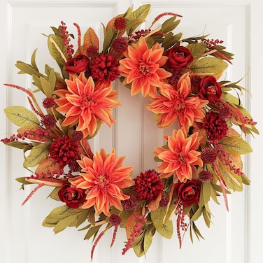 Hometrance Fall Front Door Wreath with Dahlia, Rose, and Ball-Chrysanthemum Flowers, 20 Inch Outdoor Autumn Wreath, Farmhouse Indoor Decor, Floral Wreath for Harvest Thanksgiving Wedding