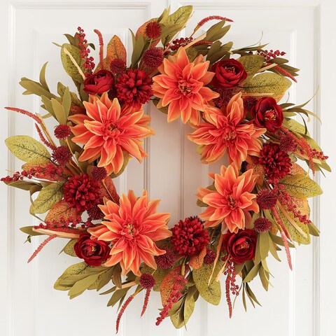 Hometrance Fall Front Door Wreath with Dahlia, Rose, and Ball-Chrysanthemum Flowers, 20 Inch Outdoor Autumn Wreath, Farmhouse Indoor Decor, Floral Wreath for Harvest Thanksgiving Wedding