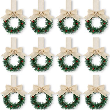 Retrowavy 12 Pcs Christmas Kitchen Cabinet Wreaths with Ribbon Mini Christmas Wreath Small Kitchen Wreath Greenery Wreath for Window Door(Beige,Burlap Style)