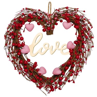 Valentines Day Wreaths for Front Door,14 Inches Artificial Red Pink Berries Valentine Heart Shaped Wreath Decor with Love Wooden Sign,Valentine Heart Wreath for Window Home Indoor,Outdoor