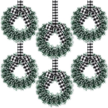 Capoda 6 Pcs Christmas Wreaths with Bow 10.24 Inch Buffalo Plaid Tinsel Wreaths Crafts Kitchen Wreaths for Front Door Outdoor Cabinet Home Window Wall Xmas Wreath Hanging Decorations (Black and White)