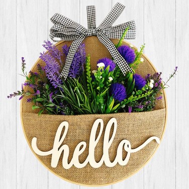 Artificial Flower Pocket Wreath with Hello Sign, 12 Inch Spring Wreaths for Front Door Indoor Outdoor Wall Window Home Party Festival Wedding Decor (Purple Lavender)
