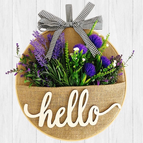Artificial Flower Pocket Wreath with Hello Sign, 12 Inch Spring Wreaths for Front Door Indoor Outdoor Wall Window Home Party Festival Wedding Decor (Purple Lavender)