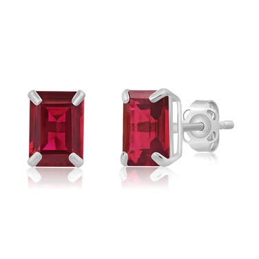 MAX + STONE 14k White Gold Solitaire Created Red Ruby Emerald Cut Stud Earrings for Women   7x5mm July Birthstone