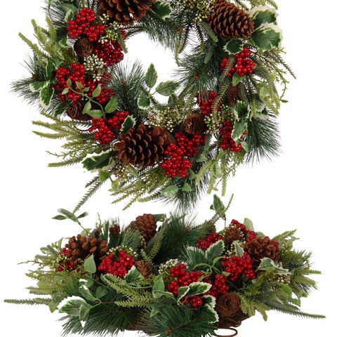 Pudate Christmas Wreath for Front Door 22 in&ndash; Artificial Pine with Red Berries and Pinecones, Full and Lush Holiday Door Decoration for Indoor/Outdoor Use &ndash; Handcrafted Festive Greenery Wreath