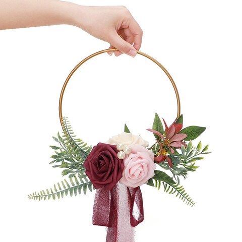 Roahosy Wedding Floral Hoop Wreath for Bridesmaids, Artificial Pink Rose Flower Round Frame Wreath for Wedding Ceremony Bridal Shower Anniversary