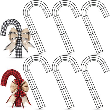 6 Pieces Christmas Candy Cane Shaped Wire Wreath Frame Holiday Metal Wire Flower Wreath J Letter Rings for DIY Christmas New Year Valentines Party Decoration (16 Inches)