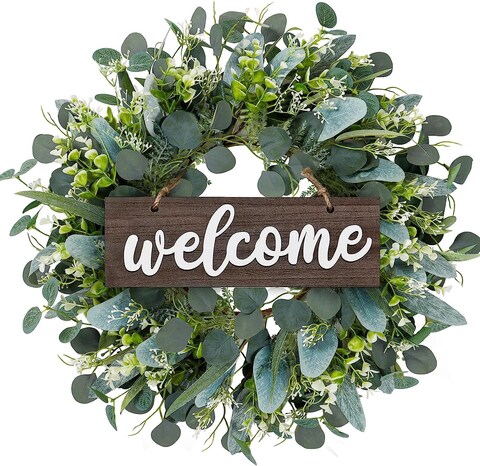 Dremisland Green Eucalyptus Wreath with Welcome Sign 22in Spring Summer Artificial Eucalyptus Wreath for Front Door Polytype Leaves Wreath for Wall Window Festival Farmhouse Patio Garden Decor (Brown)