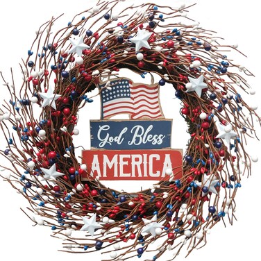 Idyllic 18Inch 4th of July Patriotic Day Wreath Red Blue White Berry Wreath with Americana Flag Patriotic Decorations for Memorial Day Independence Day Veterans Day Front Door Wall