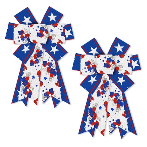 2PCS Patriotic Wreath Bows White Blue Red Flowers Star Burlap Bows for Wreath, 4th of July Bow for Labor Day Independence Day Front Door Home Indoor Outdoor Party Decoration Wreath Ornament Supplies